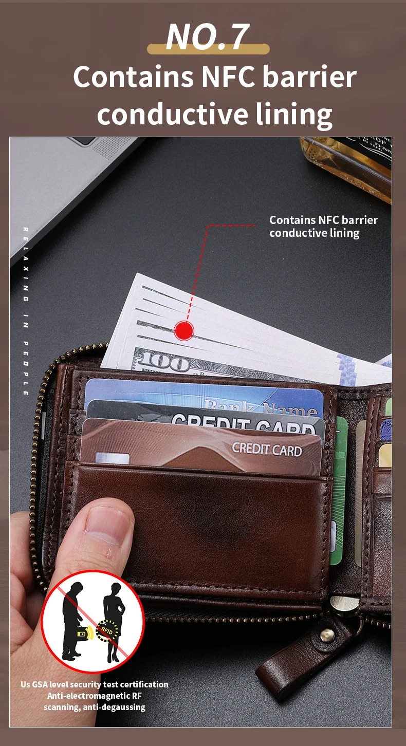 BULLCAPTAIN Mens Genuine Leather Zipper Wallet RFID Blocking Bifold Secure Zip Around Wallets Multi Credit Card Holder Purse