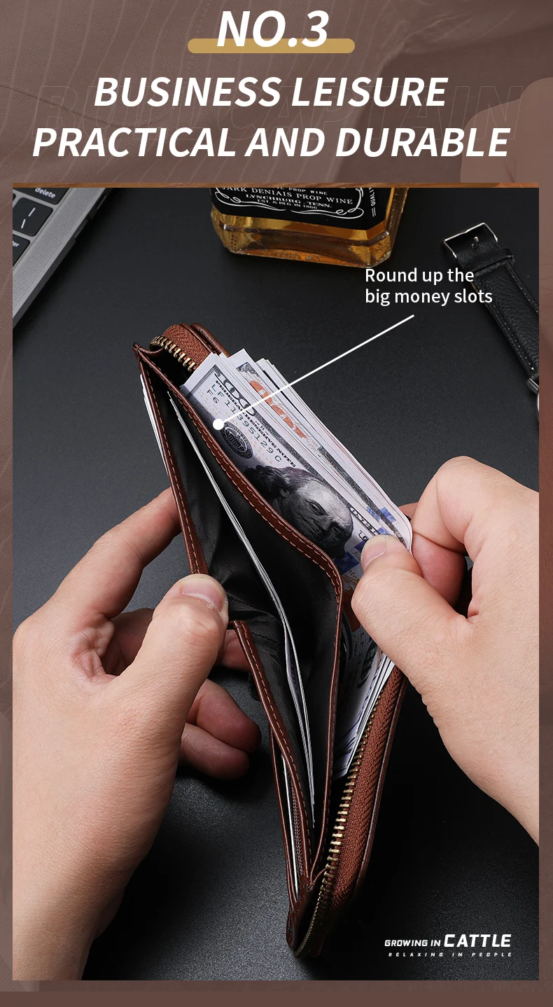 BULLCAPTAIN Mens Genuine Leather Zipper Wallet RFID Blocking Bifold Secure Zip Around Wallets Multi Credit Card Holder Purse