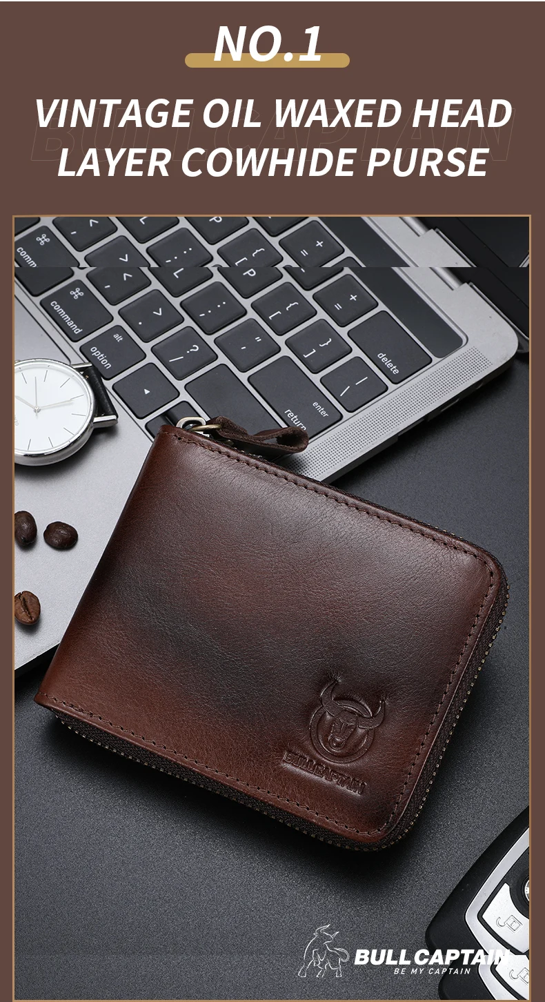 BULLCAPTAIN Mens Genuine Leather Zipper Wallet RFID Blocking Bifold Secure Zip Around Wallets Multi Credit Card Holder Purse