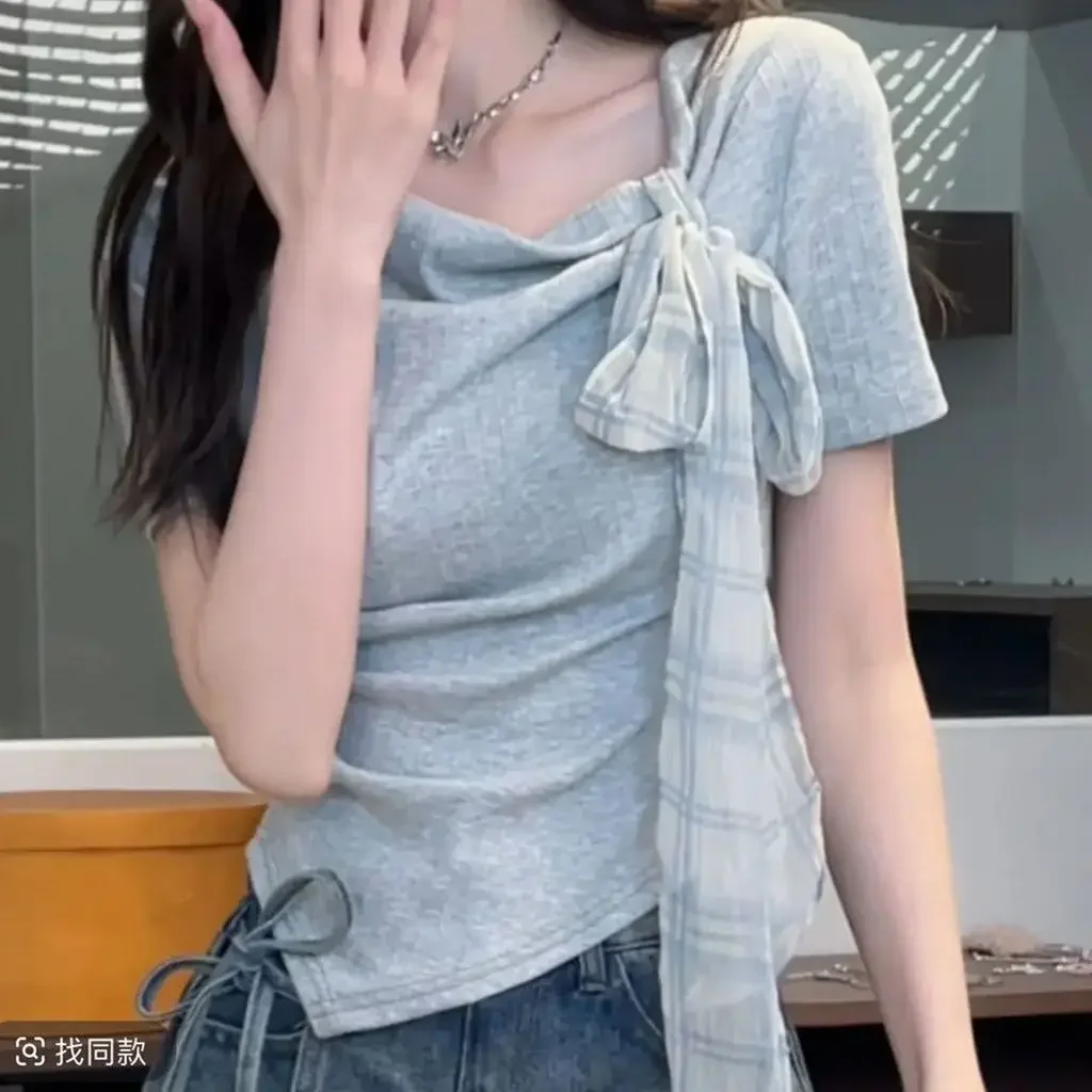 Women's Summer T-Shirt Asymmetric Neck Plaid Bow Tie Short Sleeve Ribbed Slim Fit Irregular Hem Casual Sweet Tee Top