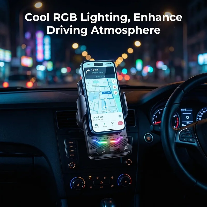 15W Universal Car Phone Wireless Charger Holder Auto-sensing RGB Light Mount for Samsung S26 Iphone 17 16 15 14 13 12 11 Pro Max