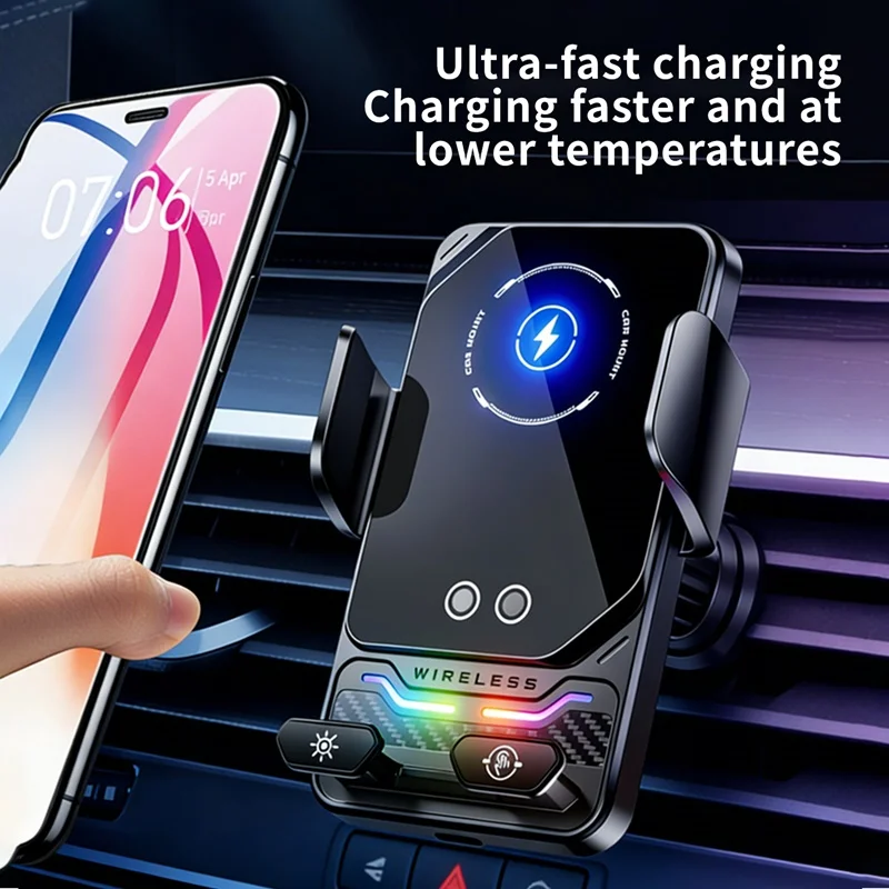 15W Universal Car Phone Wireless Charger Holder Auto-sensing RGB Light Mount for Samsung S26 Iphone 17 16 15 14 13 12 11 Pro Max