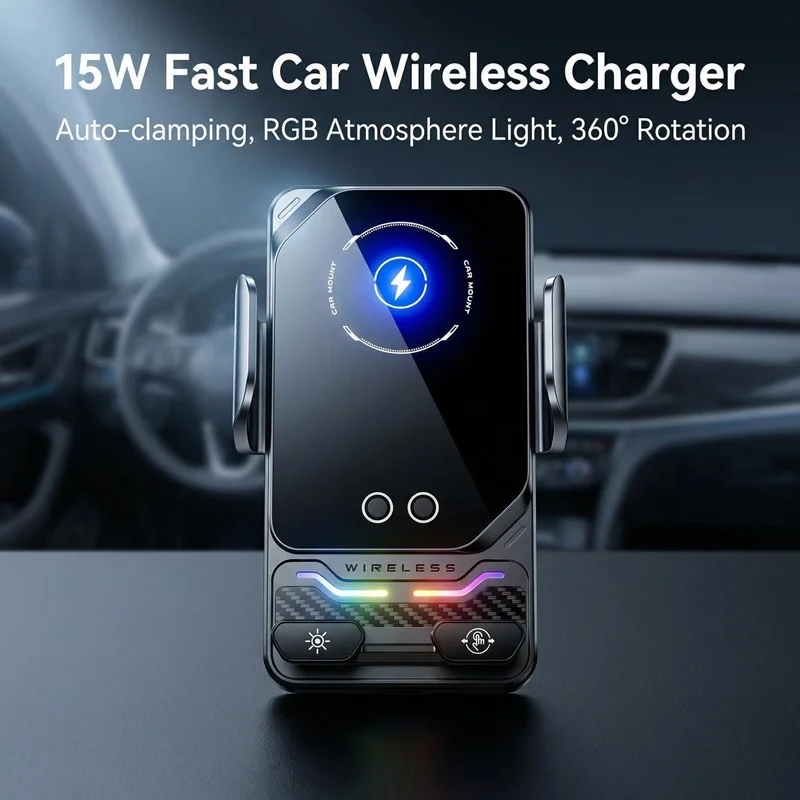 15W Universal Car Phone Wireless Charger Holder Auto-sensing RGB Light Mount for Samsung S26 Iphone 17 16 15 14 13 12 11 Pro Max