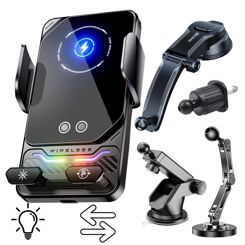 15W Universal Car Phone Wireless Charger Holder Auto-sensing RGB Light Mount for Samsung S26 Iphone 17 16 15 14 13 12 11 Pro Max