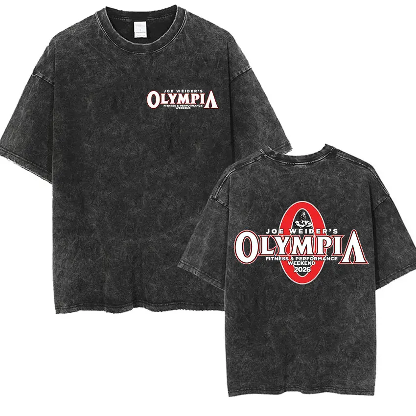 2026 Olympia Gym Man's Vintage Washed Graphic T Shirts Men Summer Fashion O-Neck Short Sleeve T-shirt Casual 100% Cotton Tshirt