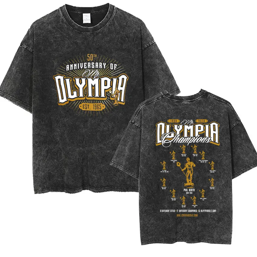 2026 Olympia Gym Man's Vintage Washed Graphic T Shirts Men Summer Fashion O-Neck Short Sleeve T-shirt Casual 100% Cotton Tshirt