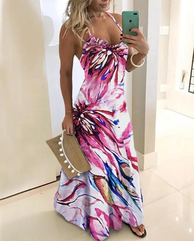 Summer Hot Sale Slimming Slim Fit Base Dress Positional Floral Spaghetti Strap Dress Women's Fashionable Elegant Clothing