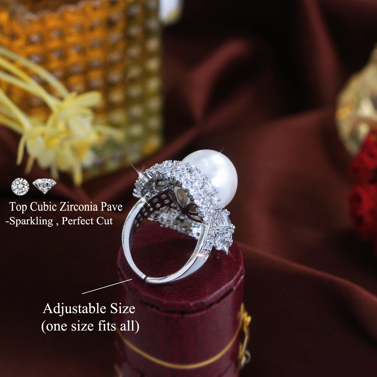 CWWZircons Adjustable Shiny Cubic Zirconia Big Round Pearl Finger Rings for Women Luxury Party Anniversary Jewelry Gifts J0272