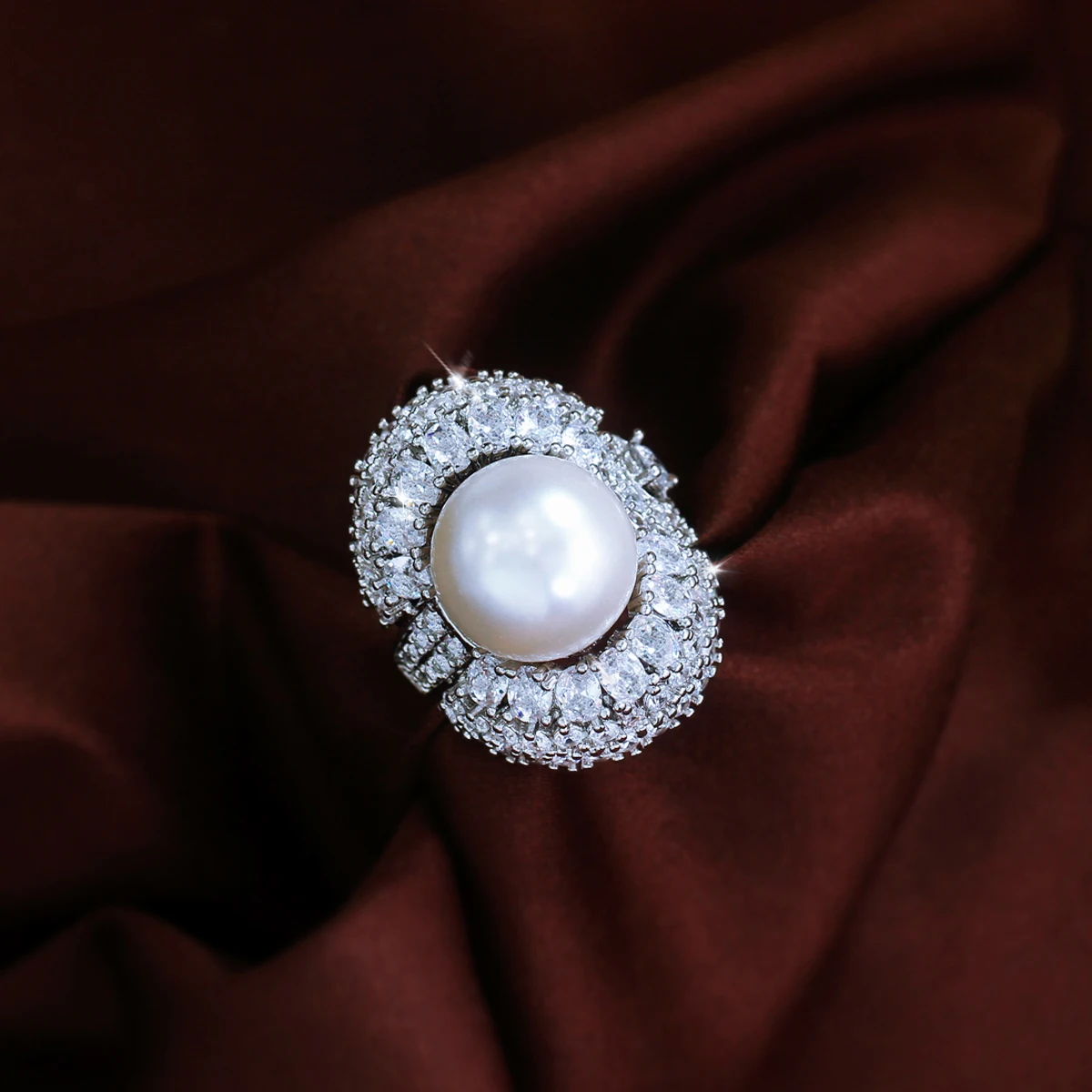 CWWZircons Adjustable Shiny Cubic Zirconia Big Round Pearl Finger Rings for Women Luxury Party Anniversary Jewelry Gifts J0272