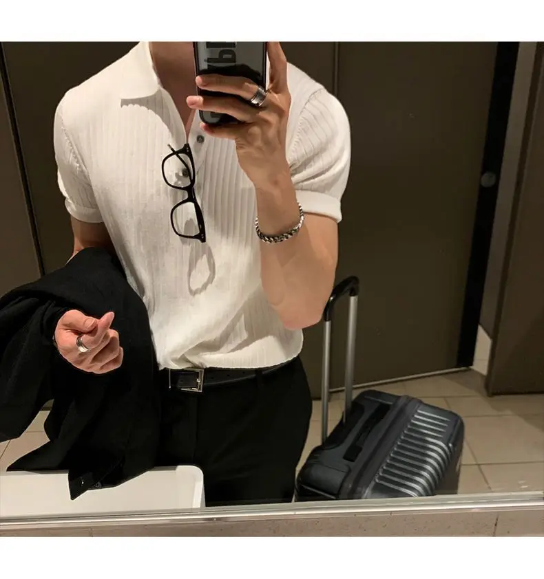 Summer Men Elasticity Polo Shirt Ice Silk Lapel Striped Thin T-shirt Breathable Cool Korean Version Slim Textured Short Sleeve