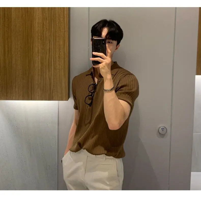 Summer Men Elasticity Polo Shirt Ice Silk Lapel Striped Thin T-shirt Breathable Cool Korean Version Slim Textured Short Sleeve
