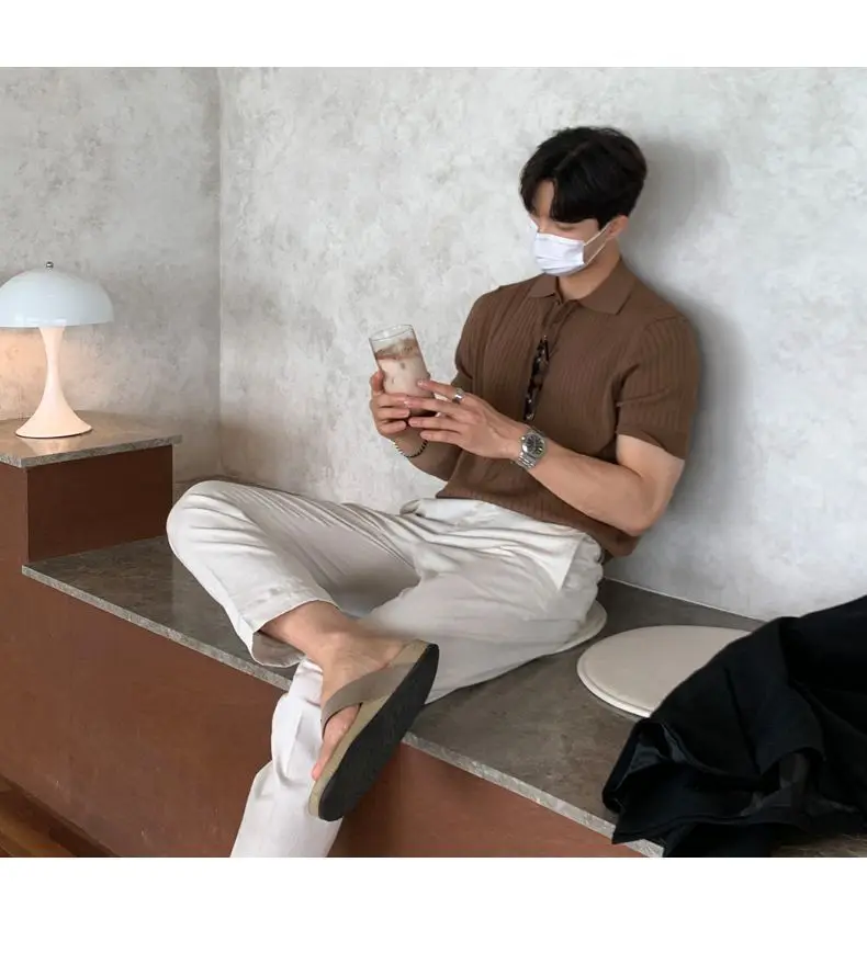 Summer Men Elasticity Polo Shirt Ice Silk Lapel Striped Thin T-shirt Breathable Cool Korean Version Slim Textured Short Sleeve