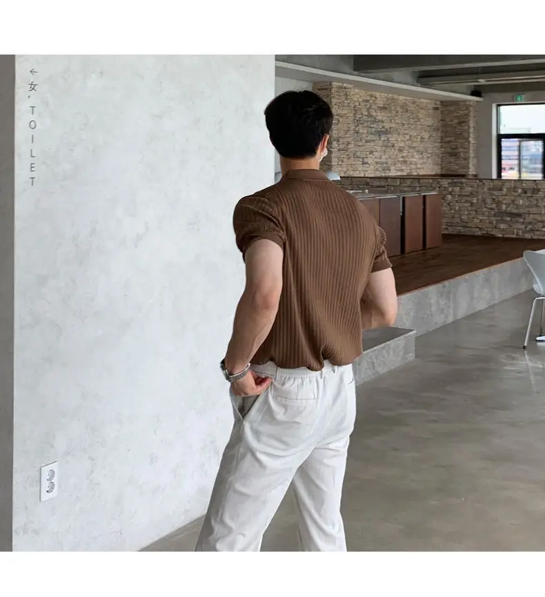 Summer Men Elasticity Polo Shirt Ice Silk Lapel Striped Thin T-shirt Breathable Cool Korean Version Slim Textured Short Sleeve