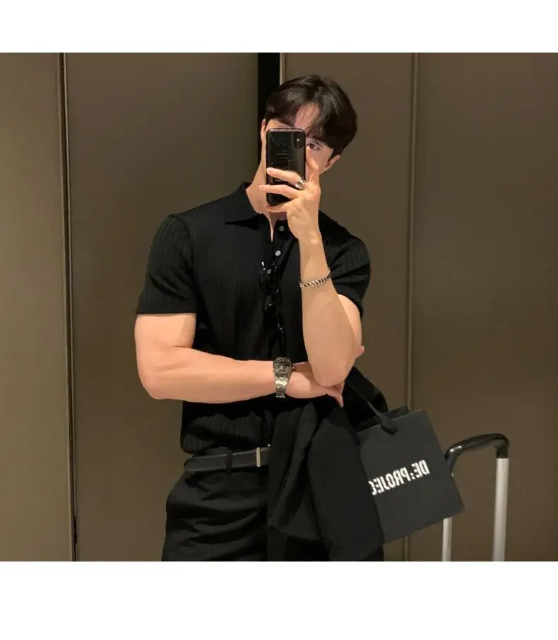Summer Men Elasticity Polo Shirt Ice Silk Lapel Striped Thin T-shirt Breathable Cool Korean Version Slim Textured Short Sleeve