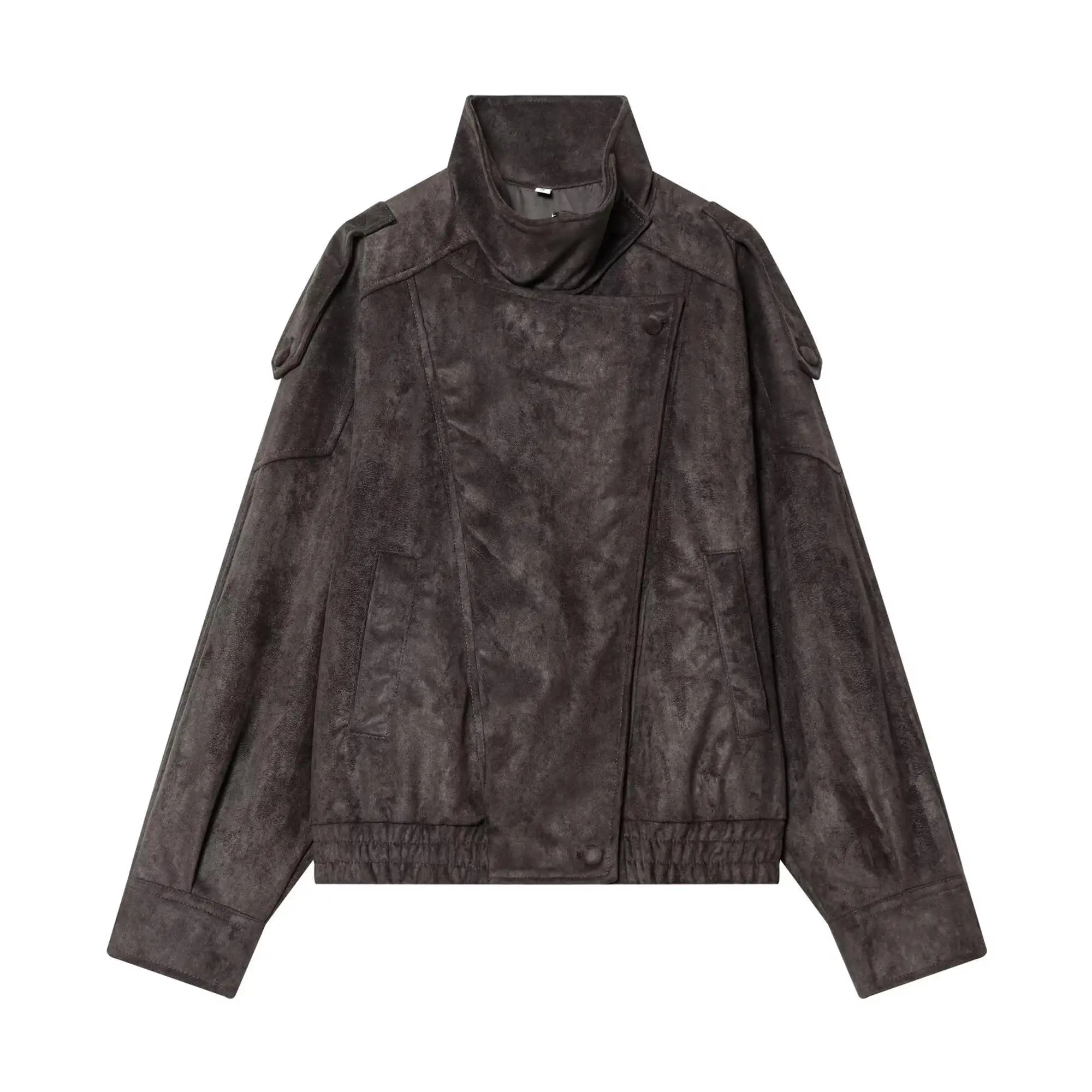TFMLN Spring New Women Suede Leather Jacket Fashion High Collar Long Sleeve Causal Loose Jacket Coats Female Chic Streetwear