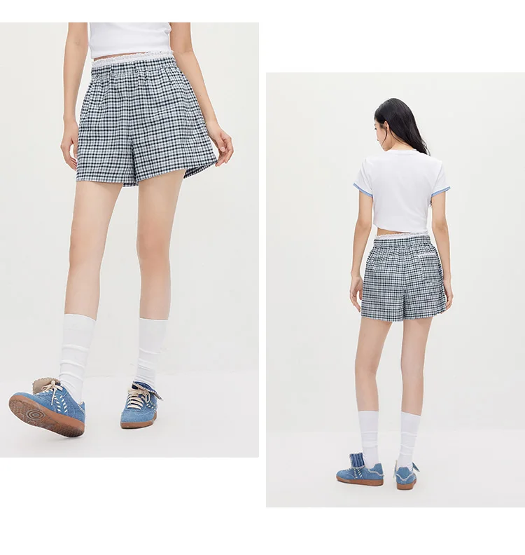 Semir Women Shorts Patchwork Lace Plaid Loose Shorts 2026 Summer Fashion Urban Casual Daily