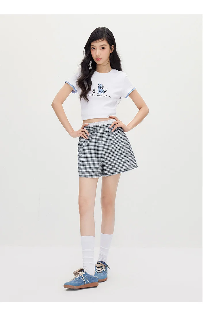 Semir Women Shorts Patchwork Lace Plaid Loose Shorts 2026 Summer Fashion Urban Casual Daily