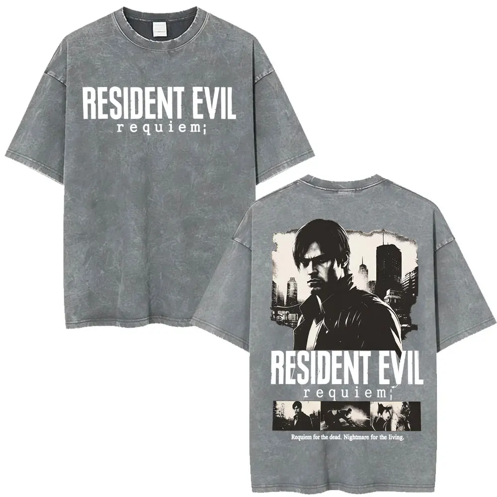Limited Leon Kennedy Graphic T Shirts Resident Evil Requiem Vintage Washed T Shirt Men Women Harajuku High Street Trend T-shirts