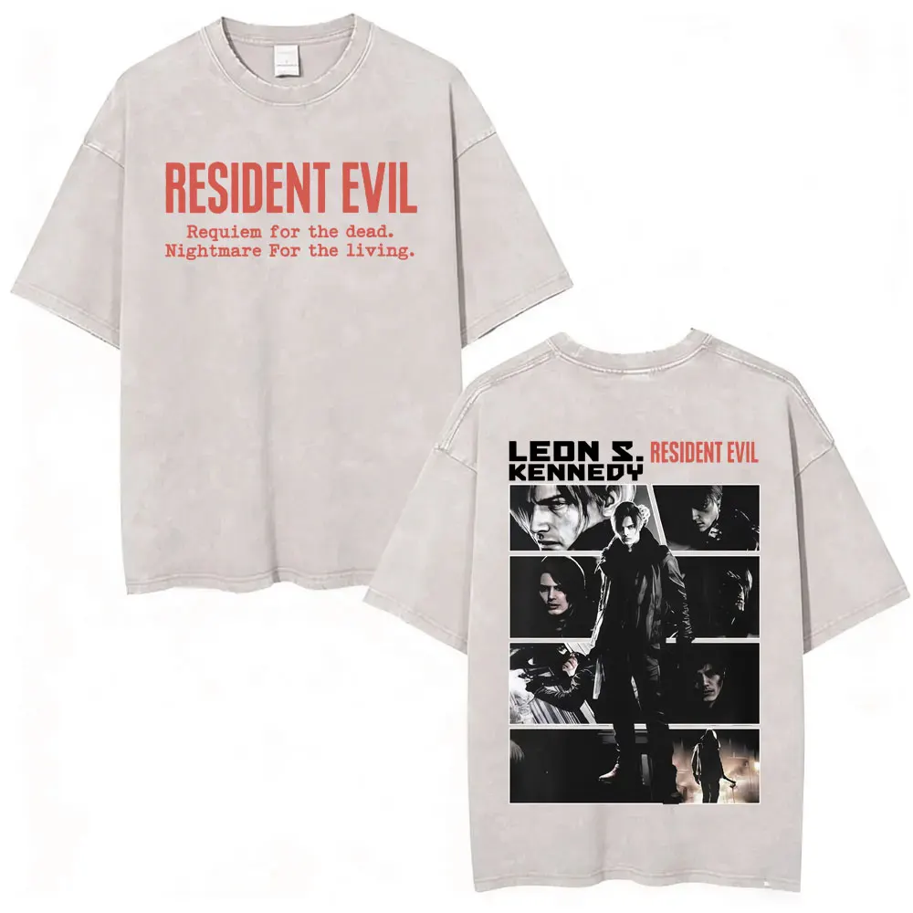 Limited Leon Kennedy Graphic T Shirts Resident Evil Requiem Vintage Washed T Shirt Men Women Harajuku High Street Trend T-shirts