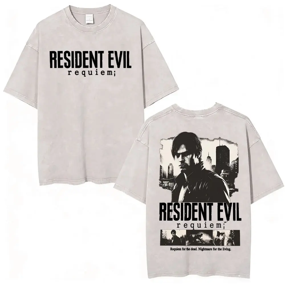 Limited Leon Kennedy Graphic T Shirts Resident Evil Requiem Vintage Washed T Shirt Men Women Harajuku High Street Trend T-shirts