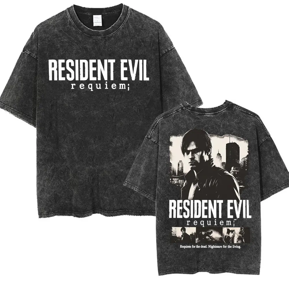 Limited Leon Kennedy Graphic T Shirts Resident Evil Requiem Vintage Washed T Shirt Men Women Harajuku High Street Trend T-shirts