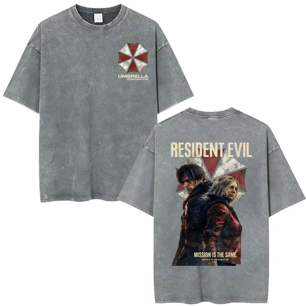 Limited Leon Kennedy Graphic T Shirts Resident Evil Requiem Vintage Washed T Shirt Men Women Harajuku High Street Trend T-shirts