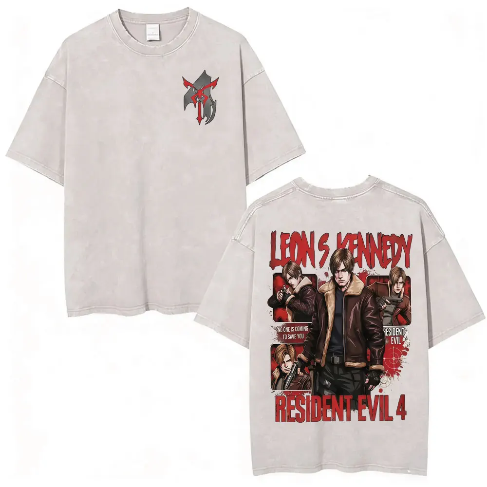 Limited Leon Kennedy Graphic T Shirts Resident Evil Requiem Vintage Washed T Shirt Men Women Harajuku High Street Trend T-shirts