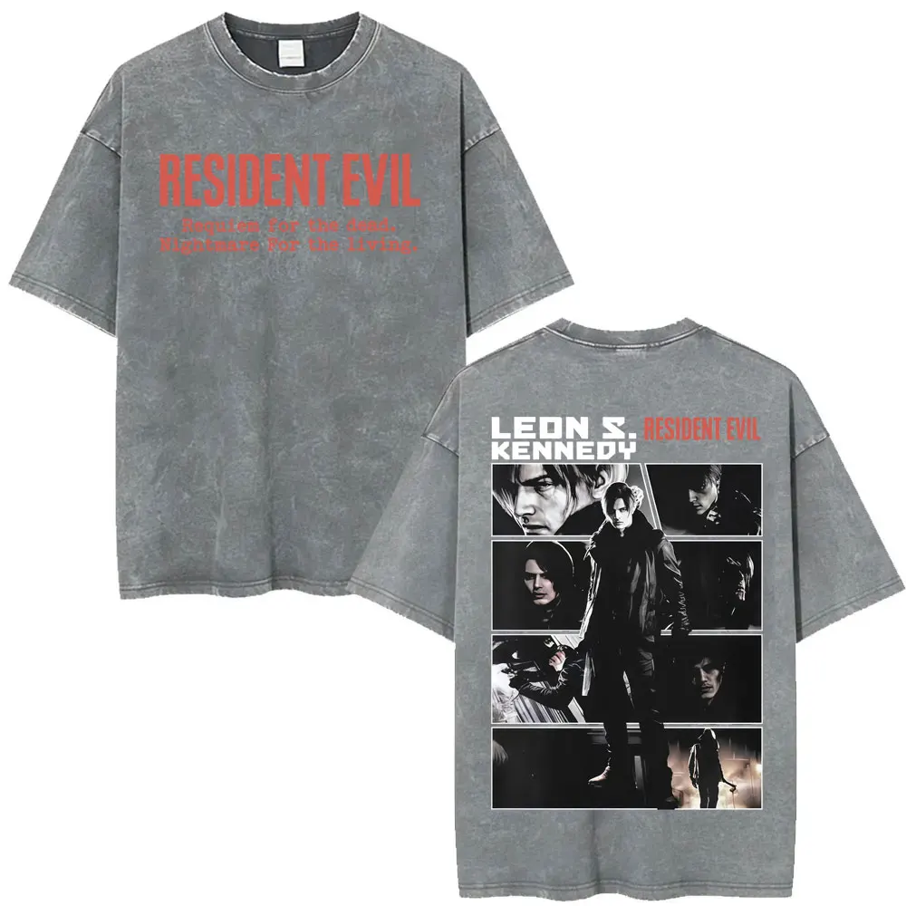 Limited Leon Kennedy Graphic T Shirts Resident Evil Requiem Vintage Washed T Shirt Men Women Harajuku High Street Trend T-shirts