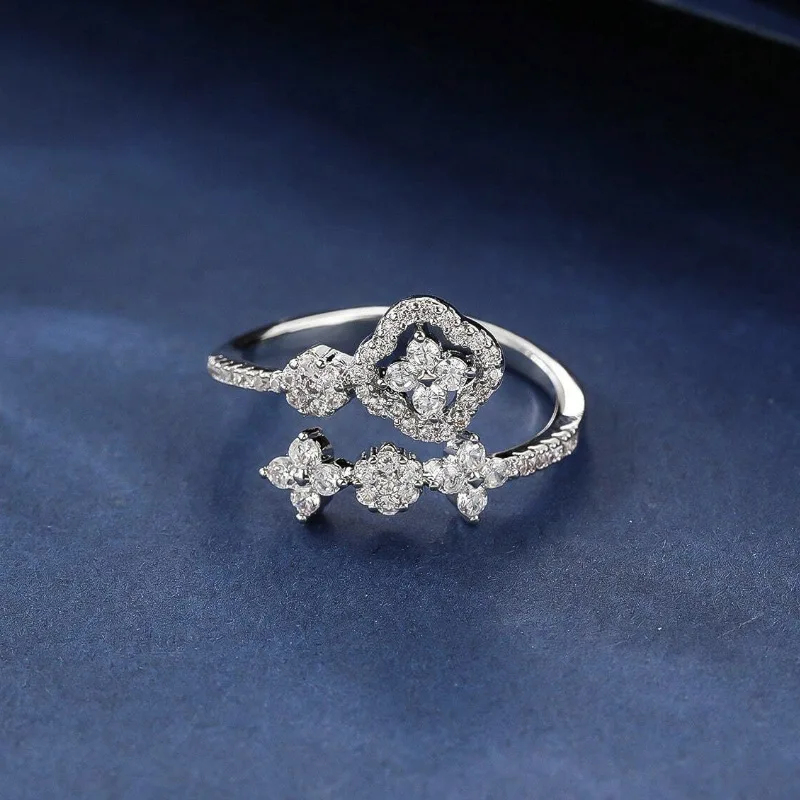 OXTAO Romantic Four Leaf Flower Moissanite Open Band Ring 14K Gold Filled Clover Star Wedding Jewelry Anniversary Gift for Women
