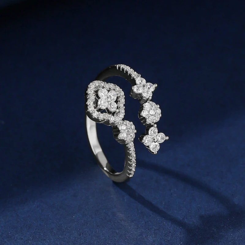 OXTAO Romantic Four Leaf Flower Moissanite Open Band Ring 14K Gold Filled Clover Star Wedding Jewelry Anniversary Gift for Women