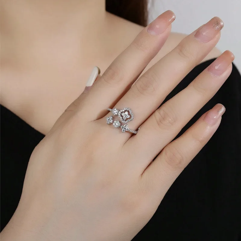 OXTAO Romantic Four Leaf Flower Moissanite Open Band Ring 14K Gold Filled Clover Star Wedding Jewelry Anniversary Gift for Women