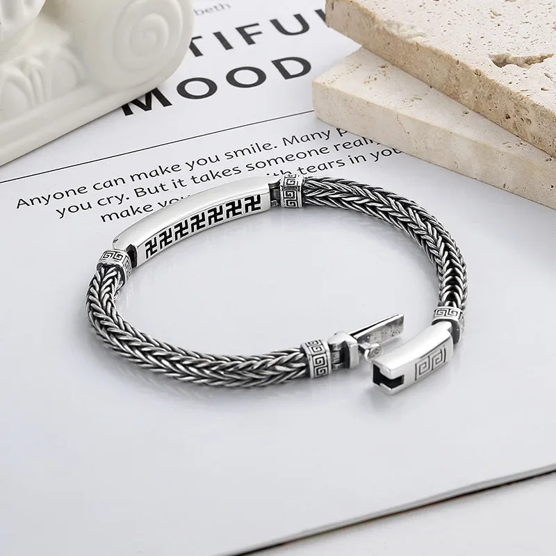 silver retro bracelet 925 sterling Unisex Persfor men's and women's personality fashion fox tail bracelet engraved jewelry gifts