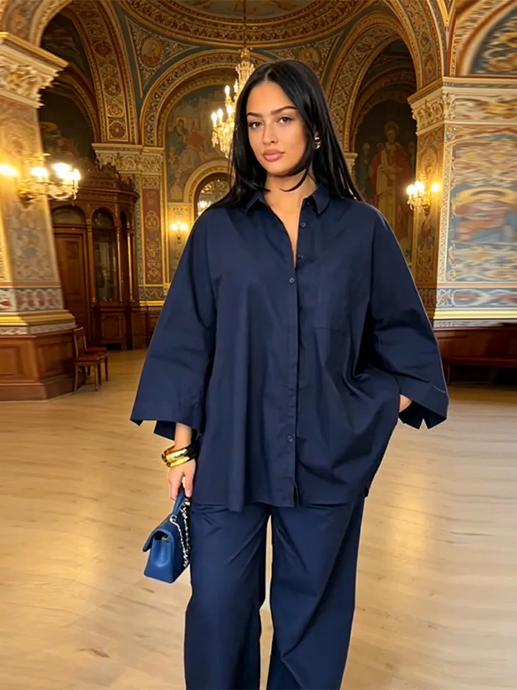 Women's 2 Piece Outfit Trendy Oversized Long Sleeves Button Down Shirt Cozy Wide Leg Pants 2026 New Casual Commuting Streetwear