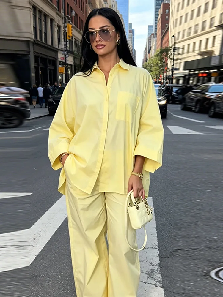 Women's 2 Piece Outfit Trendy Oversized Long Sleeves Button Down Shirt Cozy Wide Leg Pants 2026 New Casual Commuting Streetwear