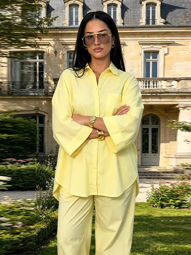 Women's 2 Piece Outfit Trendy Oversized Long Sleeves Button Down Shirt Cozy Wide Leg Pants 2026 New Casual Commuting Streetwear