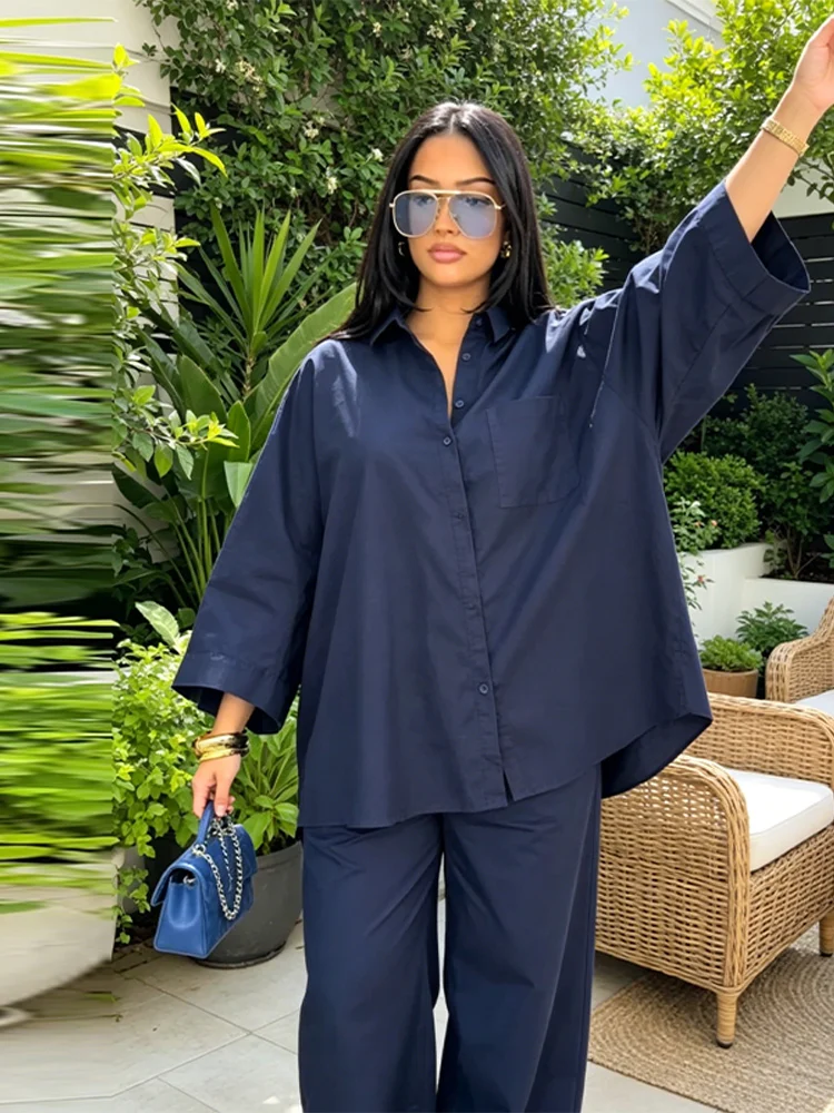 Women's 2 Piece Outfit Trendy Oversized Long Sleeves Button Down Shirt Cozy Wide Leg Pants 2026 New Casual Commuting Streetwear