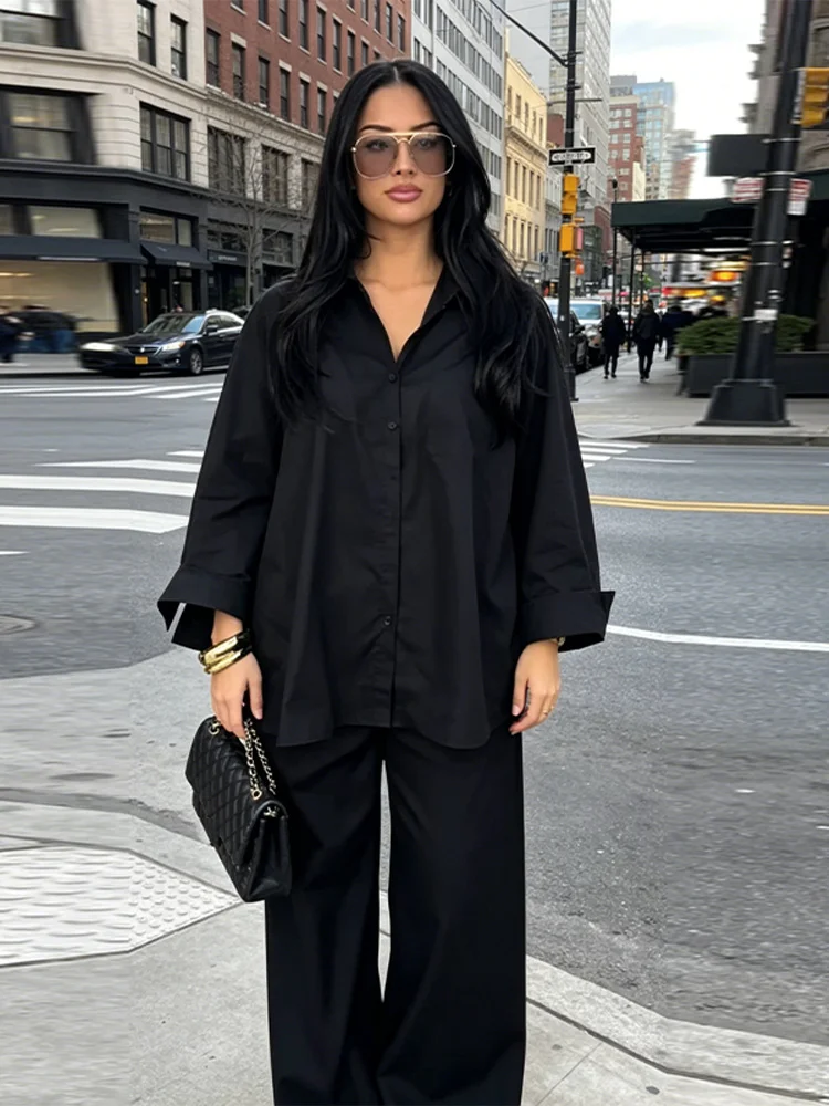 Women's 2 Piece Outfit Trendy Oversized Long Sleeves Button Down Shirt Cozy Wide Leg Pants 2026 New Casual Commuting Streetwear