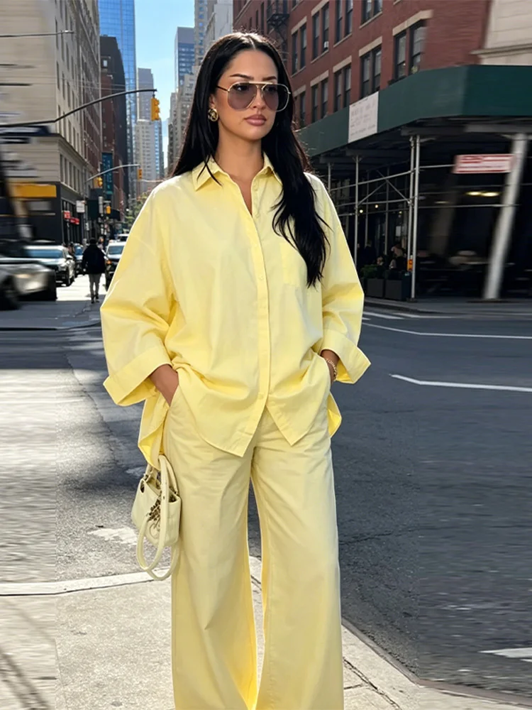 Women's 2 Piece Outfit Trendy Oversized Long Sleeves Button Down Shirt Cozy Wide Leg Pants 2026 New Casual Commuting Streetwear