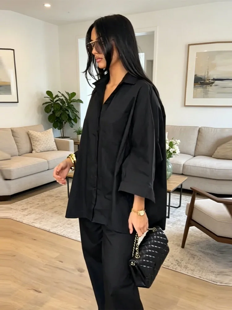 Women's 2 Piece Outfit Trendy Oversized Long Sleeves Button Down Shirt Cozy Wide Leg Pants 2026 New Casual Commuting Streetwear