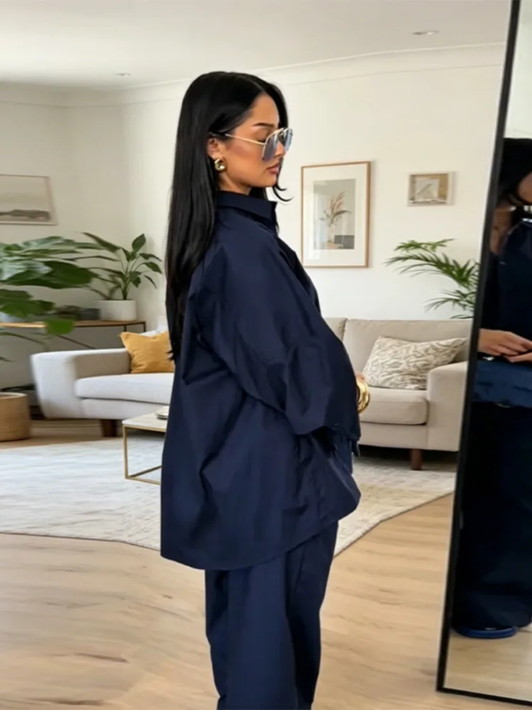 Women's 2 Piece Outfit Trendy Oversized Long Sleeves Button Down Shirt Cozy Wide Leg Pants 2026 New Casual Commuting Streetwear