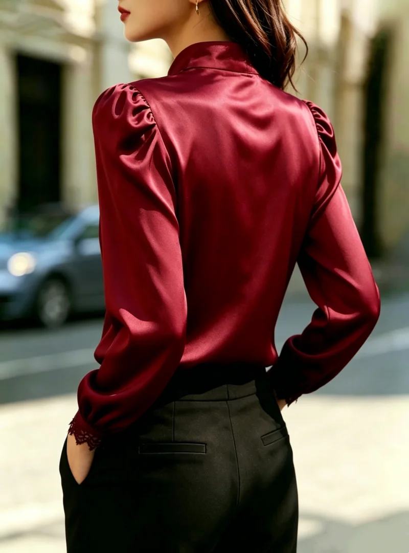 Lace Trim Stand Collar Long Sleeve Blouse Puff Sleeve Button Down Shirt