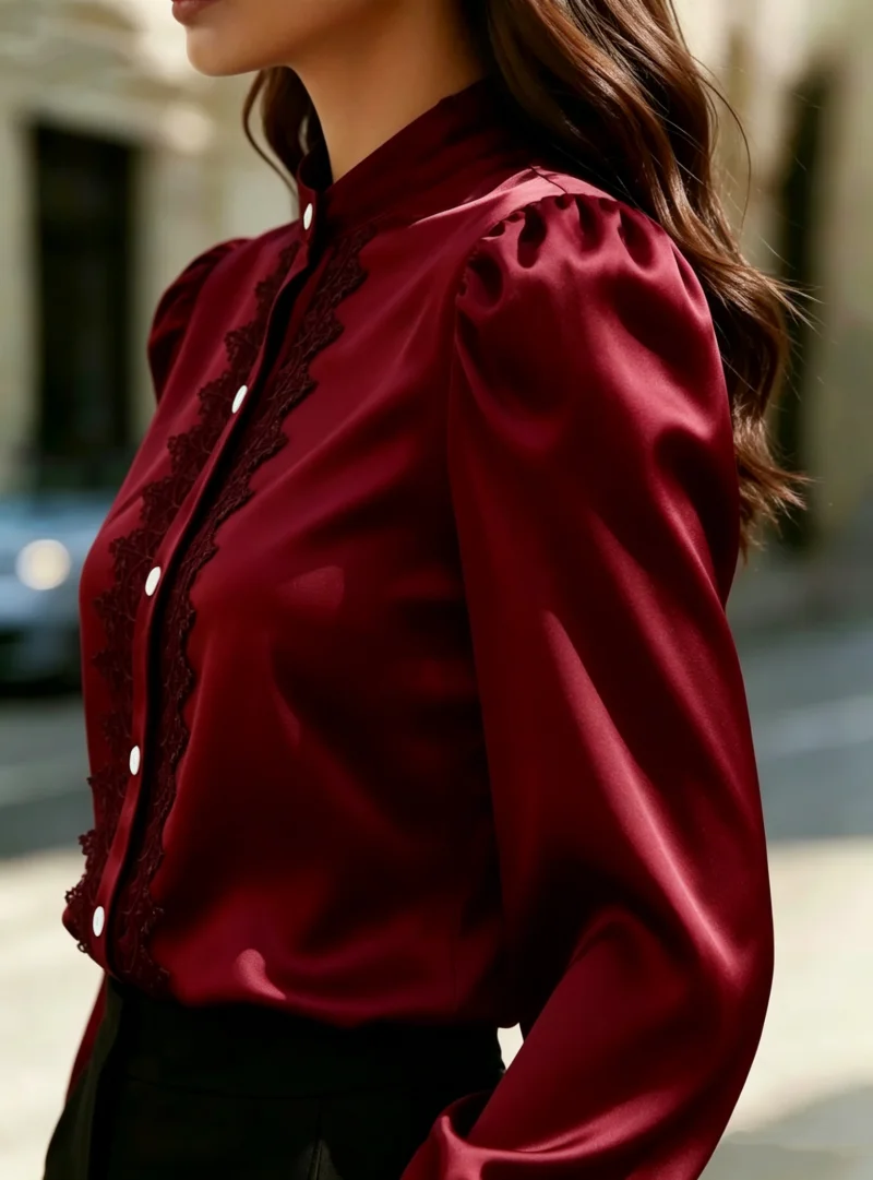 Lace Trim Stand Collar Long Sleeve Blouse Puff Sleeve Button Down Shirt