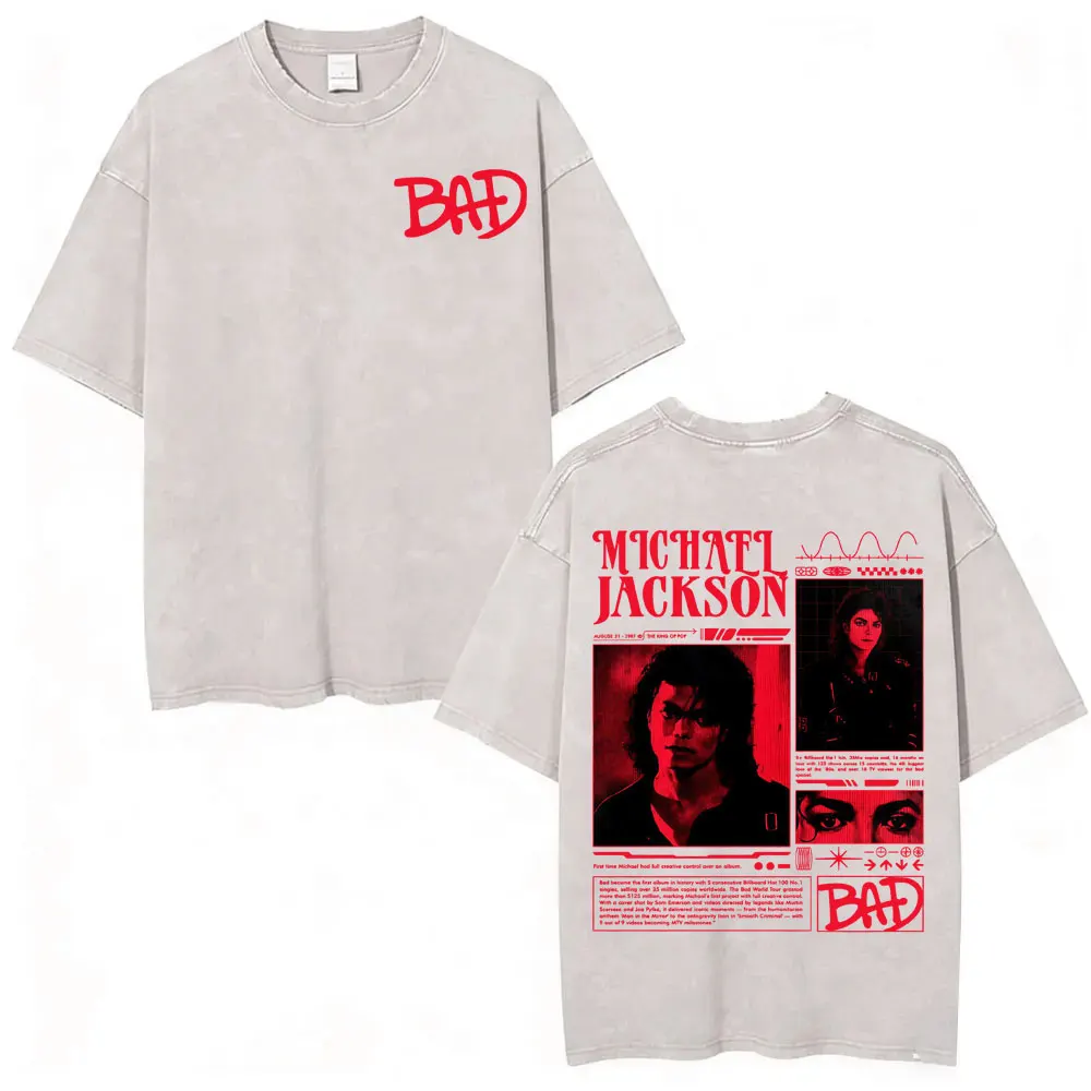 King of Pop Michael Jackson Bad Era Vintage Washed T-shirts Men's Clothes Hip Hop Punk T Shirts Casual Cotton Streetwear T-shirt