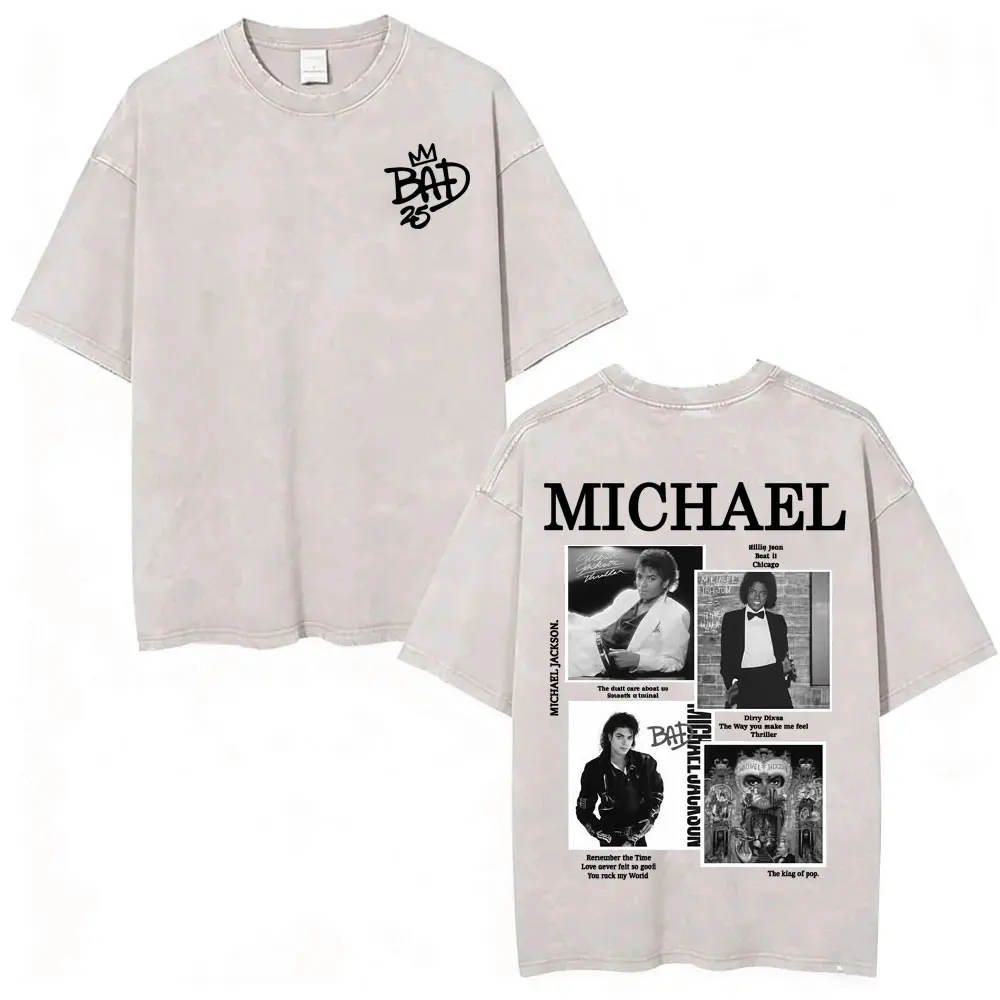 King of Pop Michael Jackson Bad Era Vintage Washed T-shirts Men's Clothes Hip Hop Punk T Shirts Casual Cotton Streetwear T-shirt