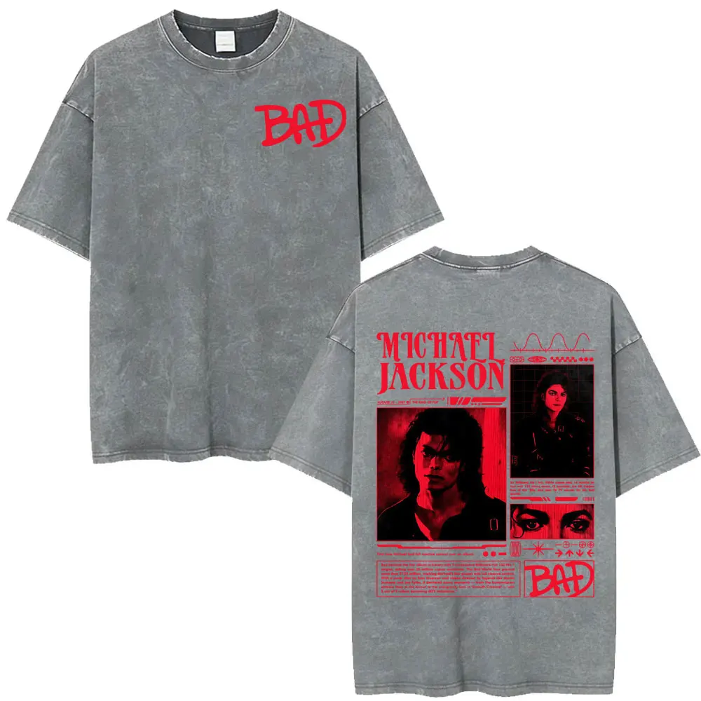 King of Pop Michael Jackson Bad Era Vintage Washed T-shirts Men's Clothes Hip Hop Punk T Shirts Casual Cotton Streetwear T-shirt