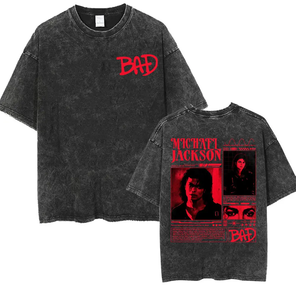 King of Pop Michael Jackson Bad Era Vintage Washed T-shirts Men's Clothes Hip Hop Punk T Shirts Casual Cotton Streetwear T-shirt