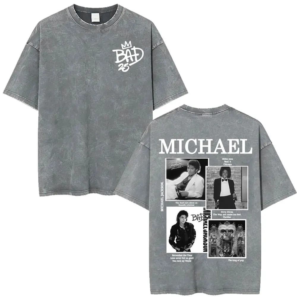King of Pop Michael Jackson Bad Era Vintage Washed T-shirts Men's Clothes Hip Hop Punk T Shirts Casual Cotton Streetwear T-shirt