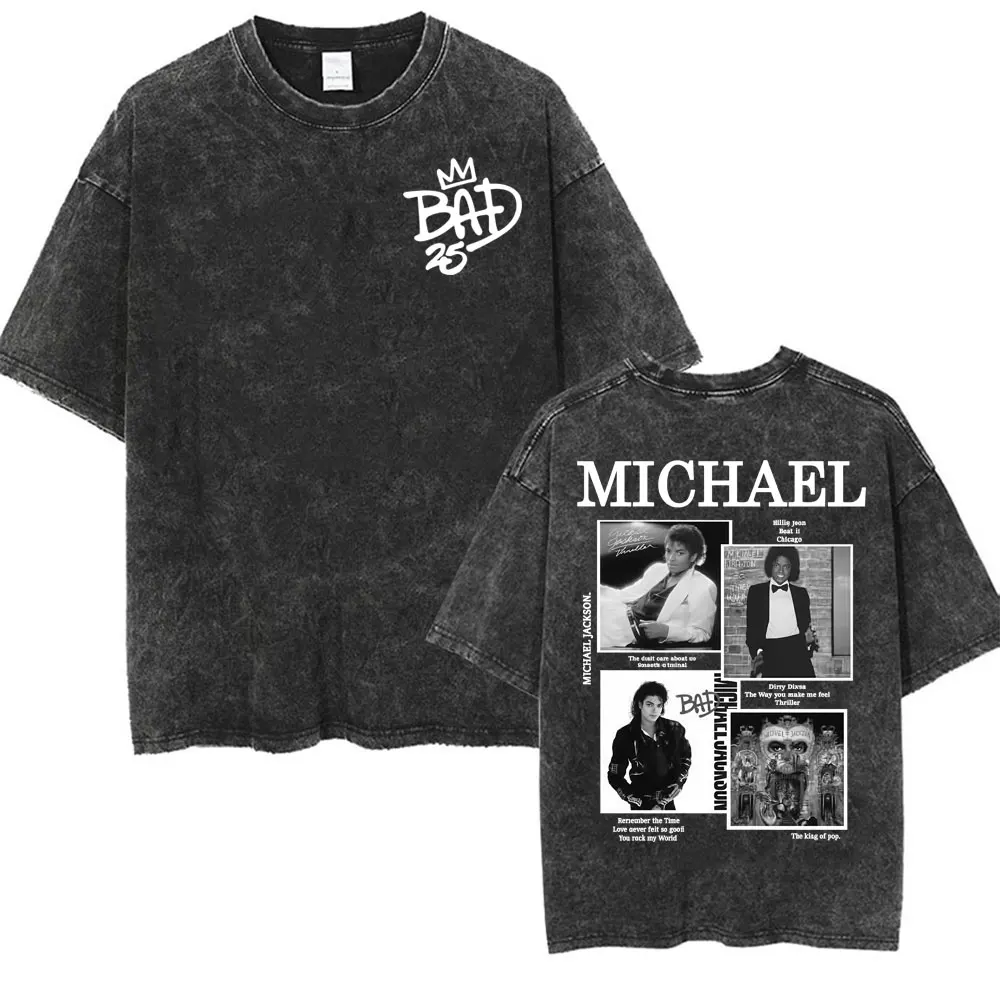 King of Pop Michael Jackson Bad Era Vintage Washed T-shirts Men's Clothes Hip Hop Punk T Shirts Casual Cotton Streetwear T-shirt