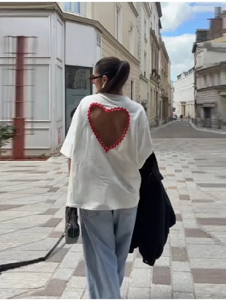 2026 Women Loose Fit Backless Heart T-shirt Sweet Red Crochet Trim Crew Neck Half Sleeve Top Summer Chic Date Daily Outfit New