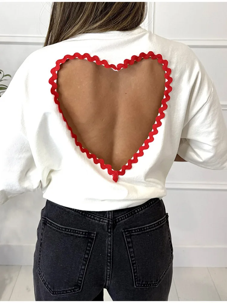 2026 Women Loose Fit Backless Heart T-shirt Sweet Red Crochet Trim Crew Neck Half Sleeve Top Summer Chic Date Daily Outfit New